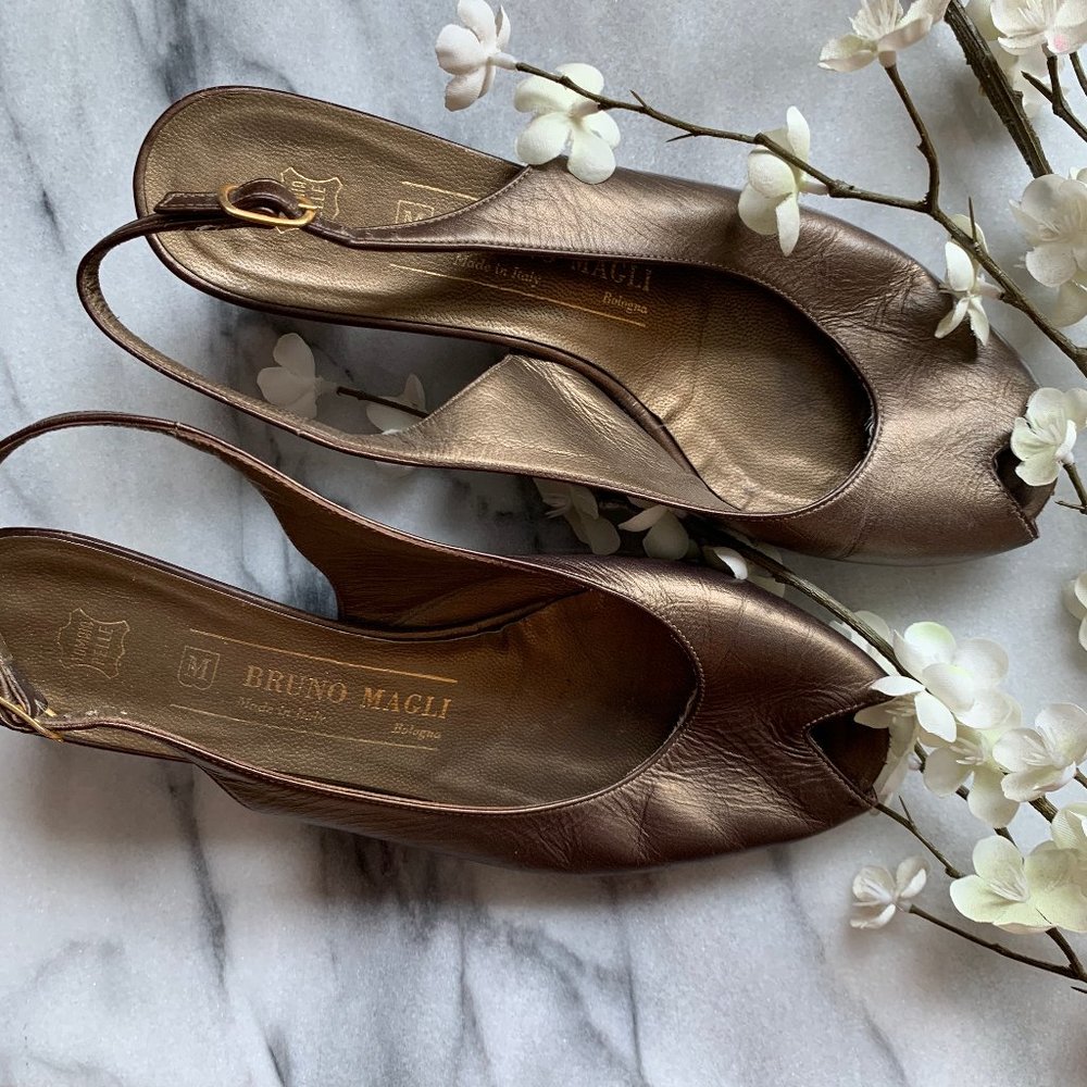 Vintage Bruno Magli Bronze Leather Peep Toe Heels